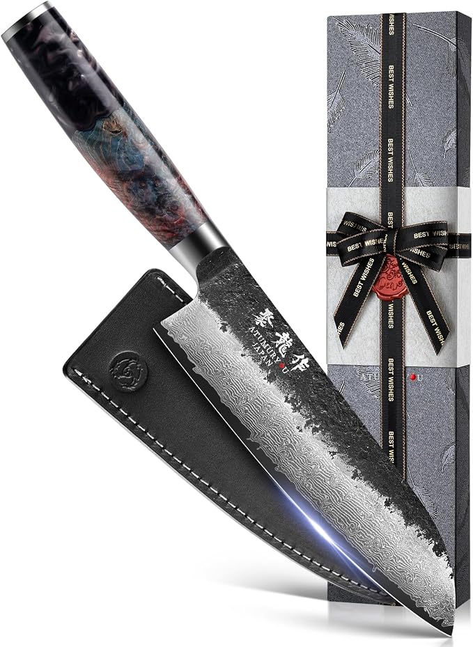 Japanese Santoku Knife 7 Inch, Hand Forged 67 Layers Damascus VG10 Steel Core by Atumuryou