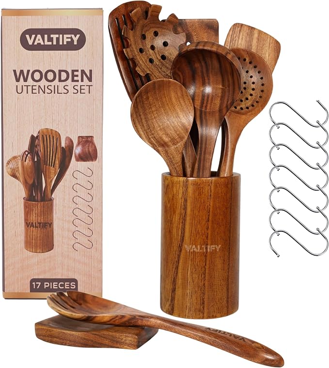 Kitchen Utensil Set | 17-Piece Wooden Cooking Utensils by VALTIFY