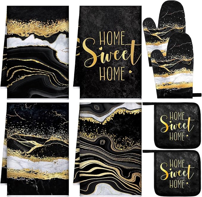 Leinuosen 8 Pcs Black Marble Kitchen Decor Dish Towels and Oven Mitts Sets Pot by Leinuosen