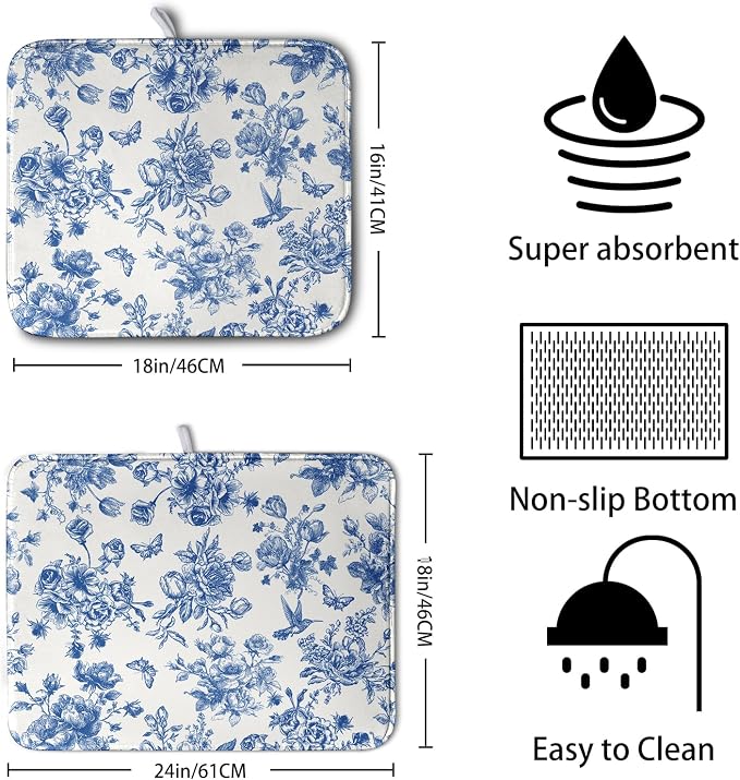Dish Drying Mat for Kitchen Counter Blue and White Floral Drying Mats - Image 2