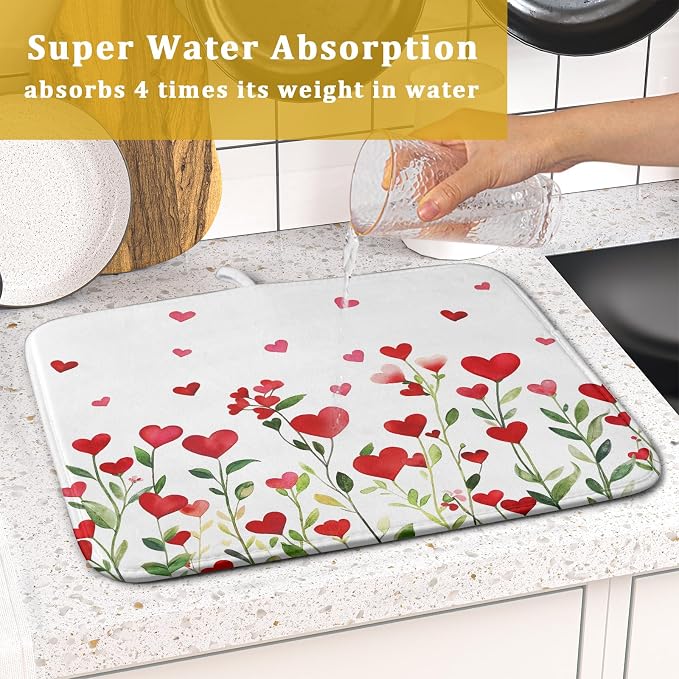 Valentines Day Dish Drying Mat for Kitchen Counter 18x16 Inch Green Red Heart - Image 7