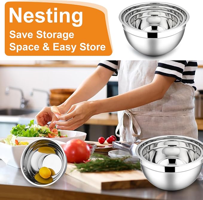 E-far Mixing Bowls with Lids, 6-Piece Stainless Steel Salad Bowls Metal Nesting - Image 6