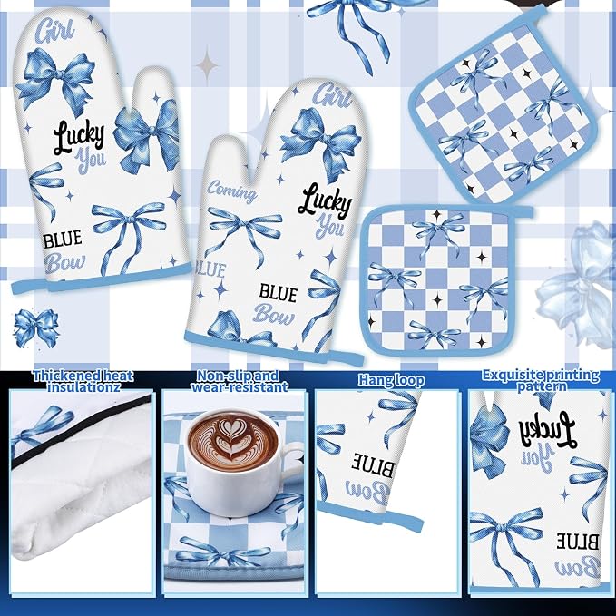 Fourluoo 10 Pcs Blue Bow Kitchen Decor Set Dish Towels Kitchen Rugs Oven Mitts - Image 5