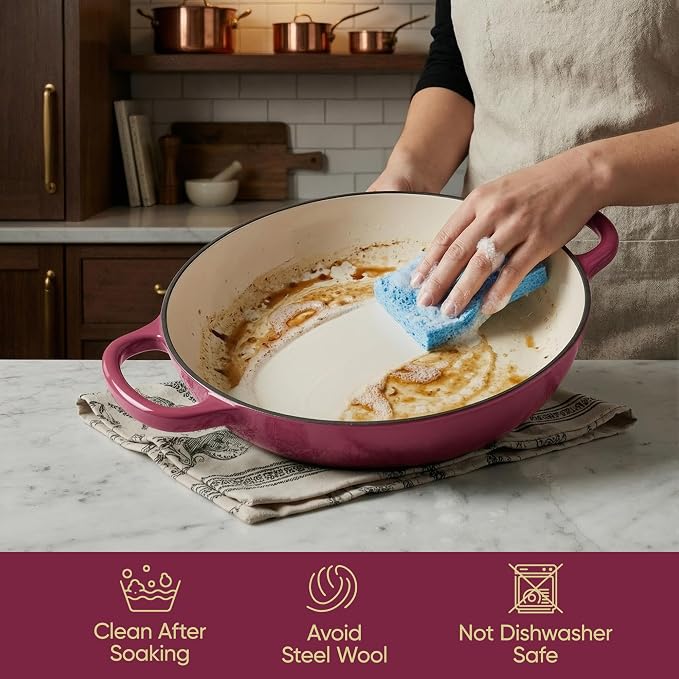 3 Quart Enameled Cast Iron Braiser, Non Stick Enameled Cast Iron Skillet - Image 6