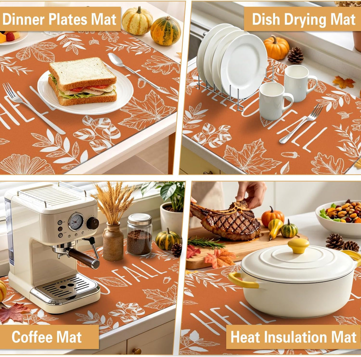Fall Dish Drying Mat Autumn Decor Kitchen Countertop,Super Absorbent