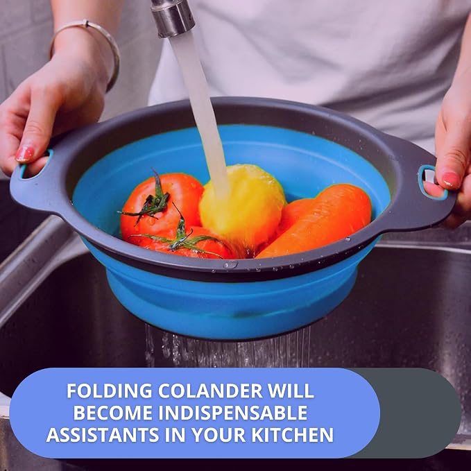 Round Silicone Blue Colander Collapsible – Foldable Kitchen Strainer Small - Image 6