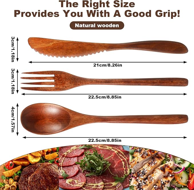 24 Pcs Wooden Utensil Set for Eating Wooden Spoon Fork Knife Wood Cutlery - Image 2