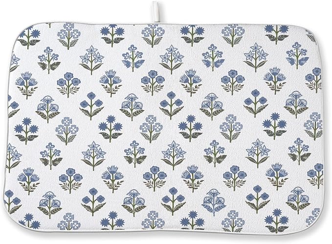 Blue Green Dish Drying Mat 18x24 Inch Vintage Block Print Floral Drying Mat by DAFENA