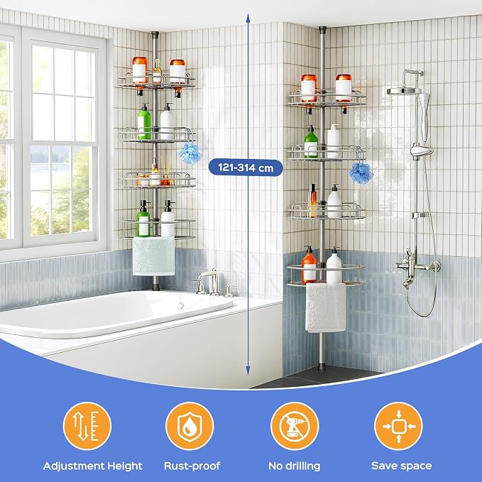 HAMITOR Shower Caddy Tension Pole: 4-Tier Corner Rustproof Bathroom Organizer - Image 7