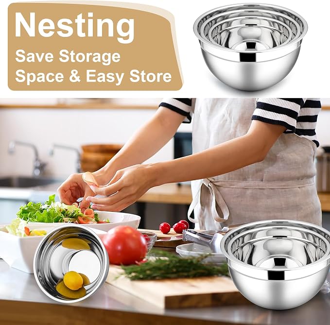 E-far Mixing Bowls with Lids, 6-Piece Stainless Steel Salad Bowls Metal Nesting - Image 5