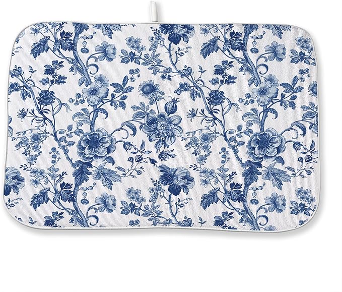 Blue Floral Dish Drying Mat 18 x 24 Inch Vintage Navy Blue Floral Drying Mat by Sorktse