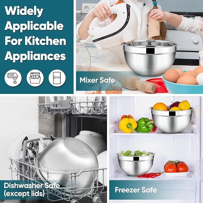 TeamFar Mixing Bowl Set of 5, Stainless Steel 4.5/3/1.5/1/0.7 QT Metal Nesting - Image 7