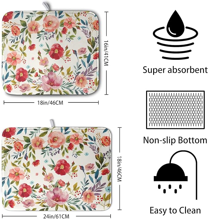 Floral Dish Drying Mat for Kitchen Counter Absorbent Microfiber Dishes Drying - Image 2