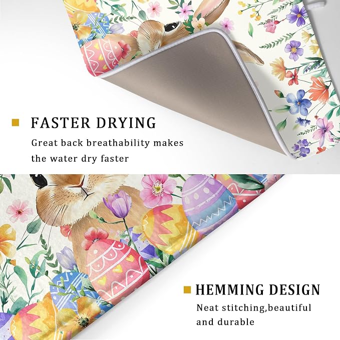 Giwawa Easter Rabbit Dish Drying Mat Spring Flower Dish Drainer Rack Mats 18x24 - Image 3