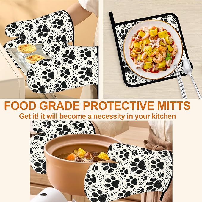 Black White Paw Oven Mitts & Potholder Set of 4 - Image 5