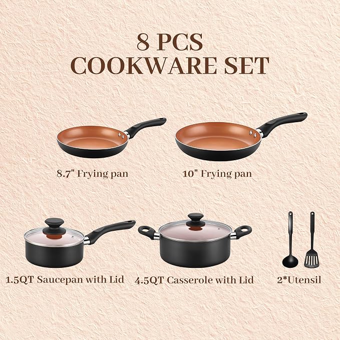 BECIGAR 8pcs Gold Ceramic Pots and Pans Set, Cooking Pan Set, Cooking Pot Set - Image 2