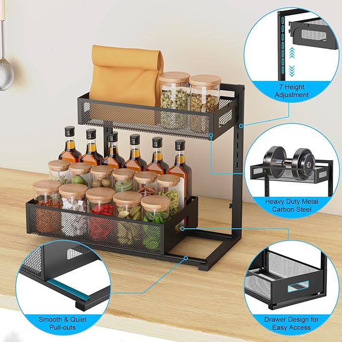 Petiza Under Sink Organizer Pull Out Cabinet Organizer Adjustable Height 2 Tier - Image 4