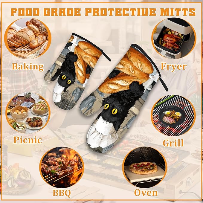 Cute Black Cat Oven Mitts and Pot Holders Set, Chef Kitchen Decor Heat - Image 5