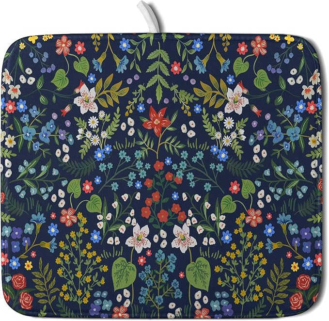 Flower Floral Dish Drying Mat Microfiber Navy Blue Absorbent Drying Pad by Giwawa