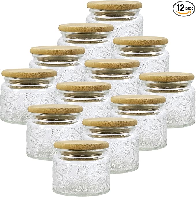 4 oz Mini Glass Jars with Airtight Bamboo Lids 12 pack, Decorative Small Food by LINGSHINE