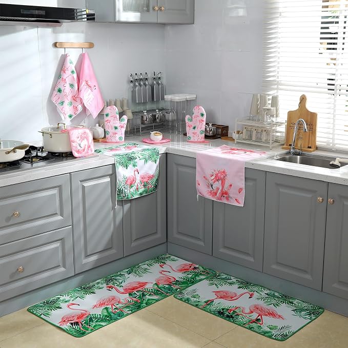 Fourluoo 10 Pcs Flamingo Kitchen Dish Towels Rugs Oven Mitts and Pot Holders - Image 4