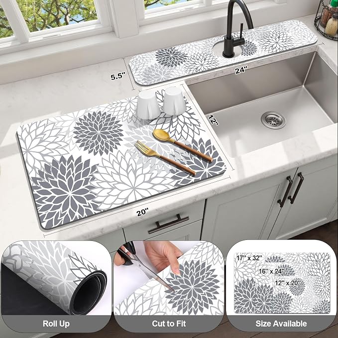 Findosom 2PCS 12" x 20" Dish Drying Mat & 24" x 5.5" Sink Splash Guard - Image 2