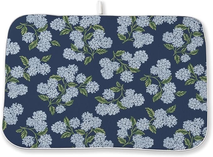 Navy Blue Dish Drying Mat 18x24 Inch Blue Green Vintage Floral Hydrangea Flower by DAFENA