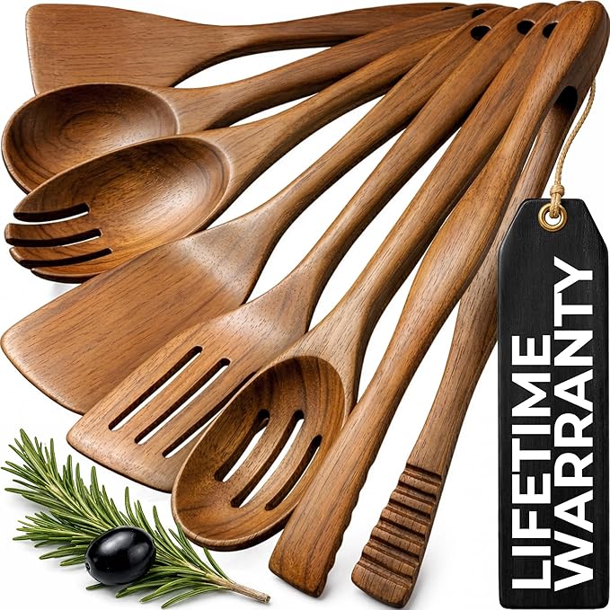 Zulay Kitchen Teak Wood Utensil Set – 7 Piece Wooden Cooking Utensils – Slotted by ZulayKitchen