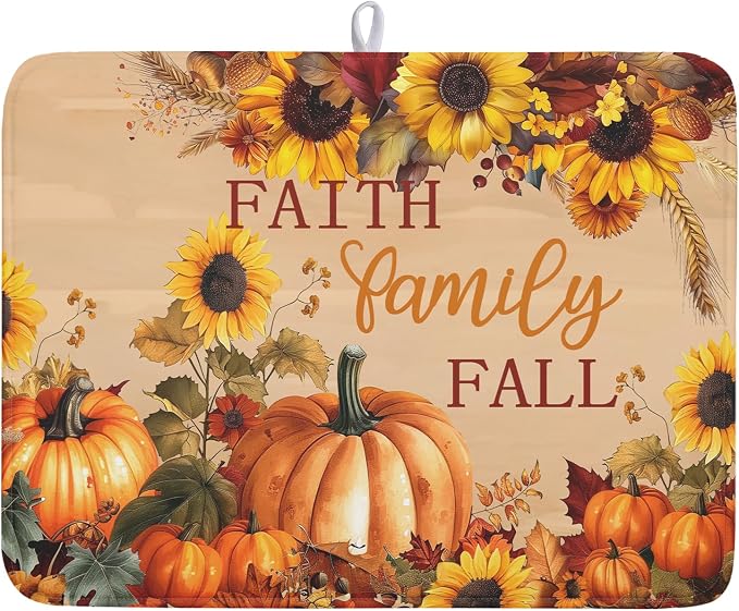 Fall Pumpkin Sunflower Dish Drying Mat 18”x24” Faith Family Fall Drying Mat by Kawani