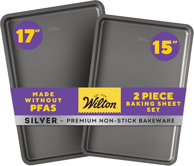 Wilton Silver 2- Piece Non-Stick Baking Sheet Set, Cold-Rolled Steel Bakeware by Wilton