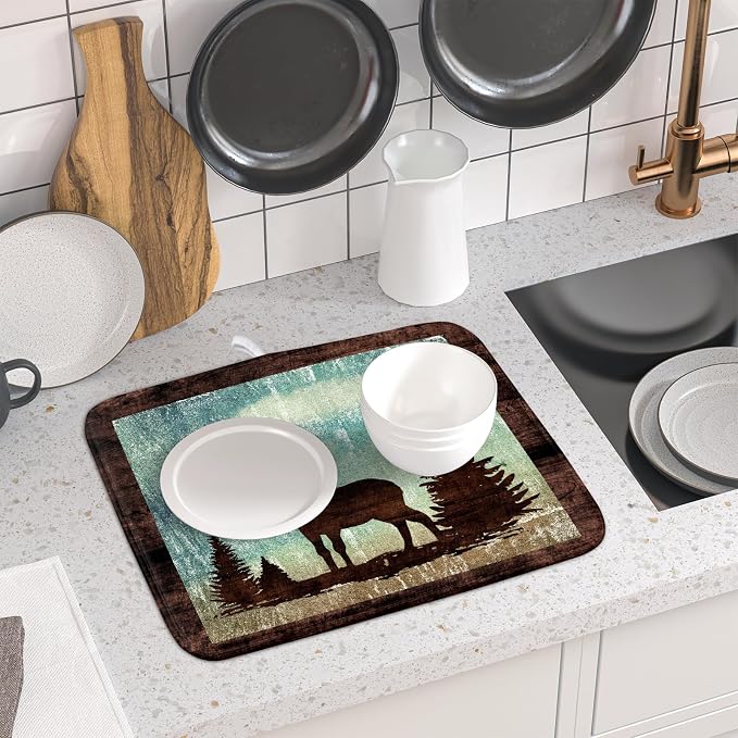 Giwawa Retro Deer Forest Cabin Silhouette Dish Drying Mat Countertop 16x18 Fall - Image 6