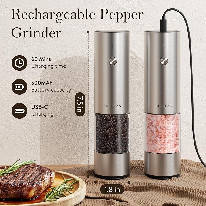 Ultrean Salt and Pepper Grinder Set, Rechargeable Salt and Pepper Shakers - Image 4