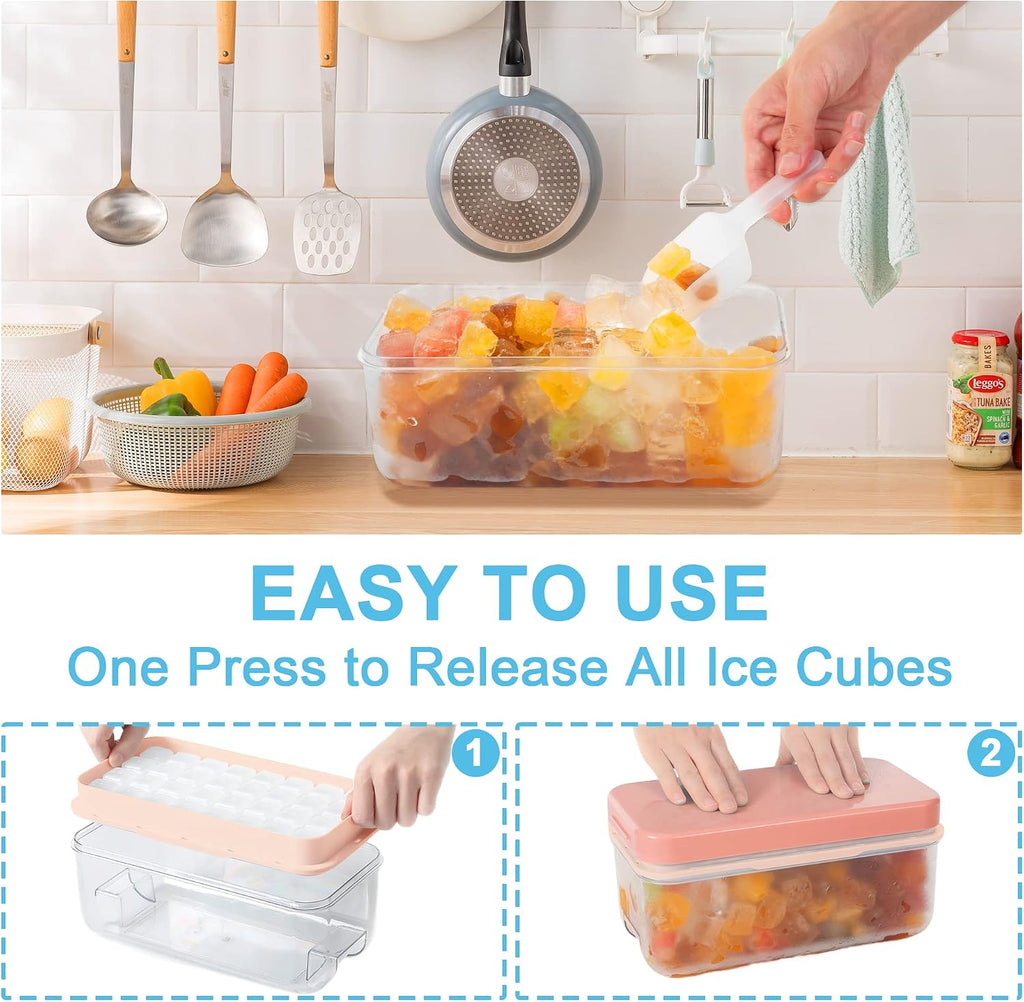 Ice Cube Tray with Lid and Bin, 64 pcs Ice Tray Kit with Ice Scoop