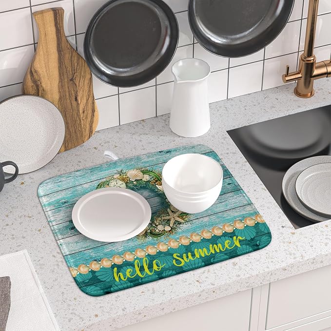 Hello Summer Dish Drying Mat for Kitchen Counter, Sea Shell Starfish Coastal - Image 6