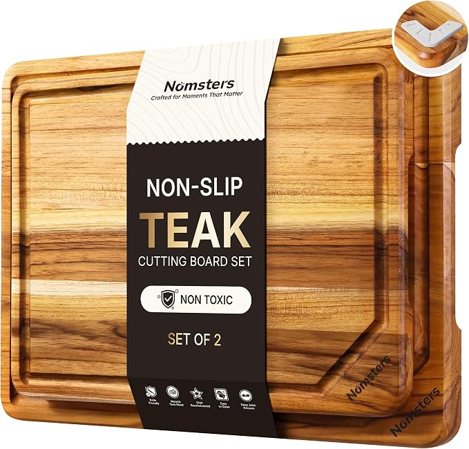 2 Pack Teak Wood Cutting Board Set Non Slip Over Sink Charcuterie Board Serving by Unknown