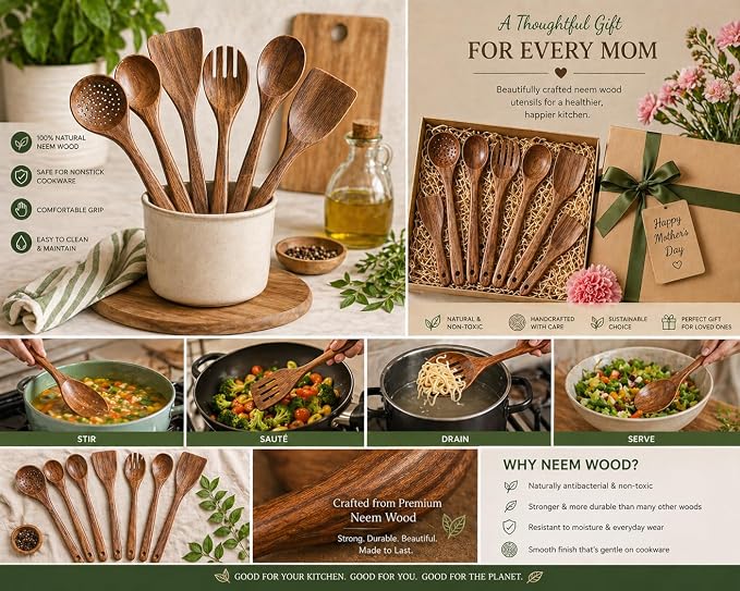 Mother’s Day Wooden Spoons for Cooking Set of 6, Handmade Mango Wood Kitchen - Image 6