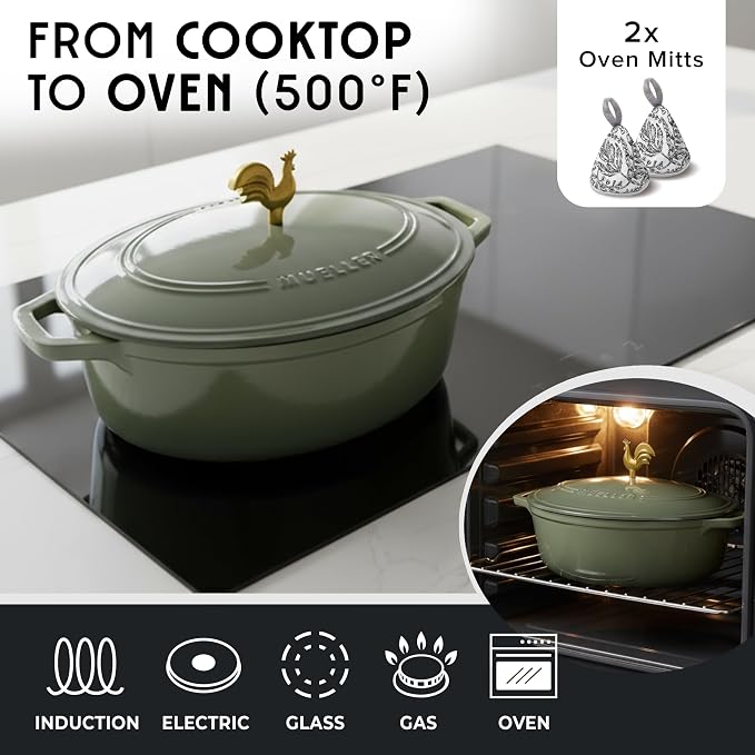 MUELLER HOME 5.5 Quart Enameled Cast Iron Oval Dutch Oven w Rooster Knob & - Image 4