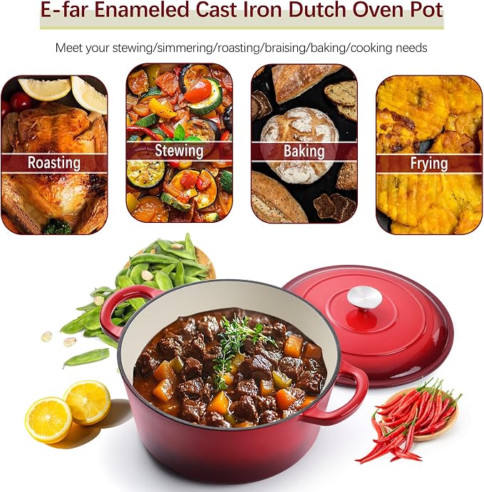 E-far 7QT Enameled Dutch Oven, Cast Iron Dutch Oven Pot - Image 3