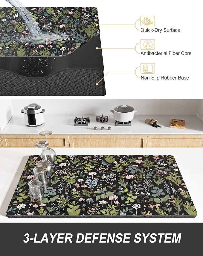 Rnivvi Dish Drying Mat for Kitchen Counter, XL 15 x 24" Cute Flower Theme Super - Image 4