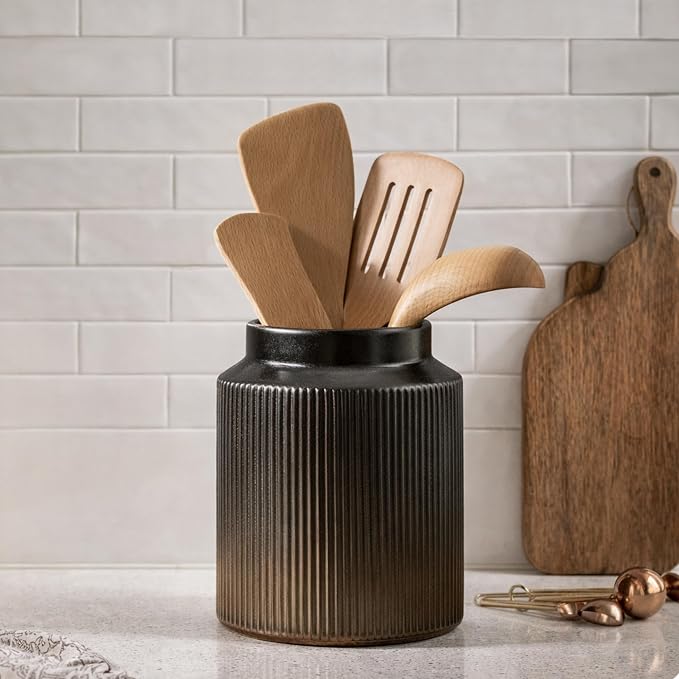 JIEMEI HOME Kitchen Utensil Holder, 6.77" Ceramic Farmhouse Stable Utensil Crock - Image 7