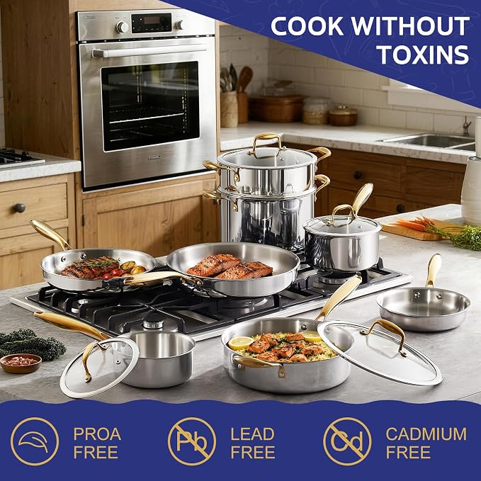 Triple Ply Stainless Steel Pots and Pans Set, EWFEN 12 Piece Induction Cookware - Image 4