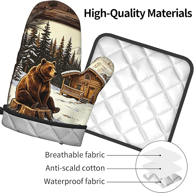 Vintage Oven Mitts and Pot Holders Sets Rustic Cabin Kitchen Gloves Bear Hot - Image 4