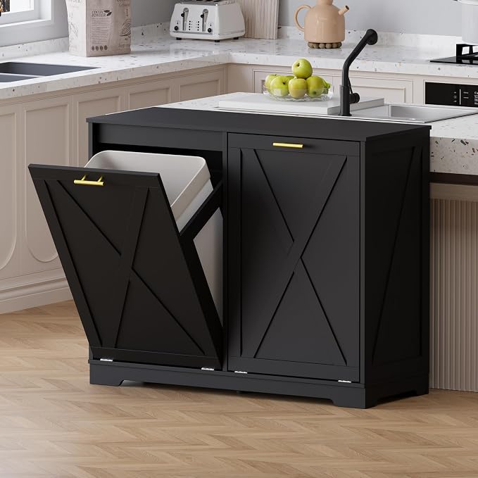 Double Tilt Out Trash Can Cabinet, Wooden Farmhouse Kitchen Garbage Bin - Image 3
