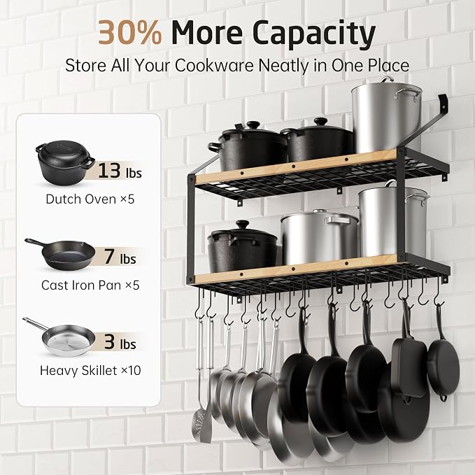 KES 132lb Heavy Duty Hanging Pot Rack Wall Mounted, 34 Inch Solid Wood Pot Rack - Image 2
