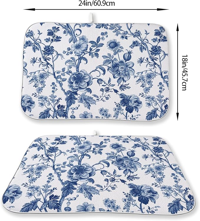 Vintage Blue Dish Drying Mat 18x24 Inch Chinoiserie Navy Blue Floral Drying Mat - Image 6