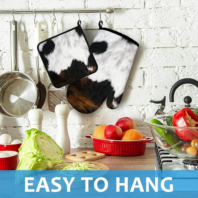Brown Cowhide Oven Mitts and Pot Holders Sets Heat Resistant 4Pcs Potholders - Image 4
