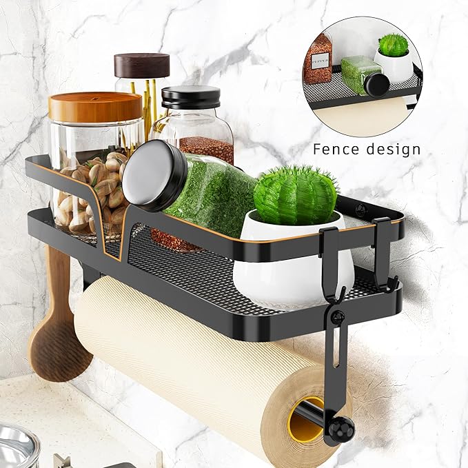 Taozun Paper Towel Holder with Shelf, Kitchen Paper Holder Spice Rack Black - Image 2