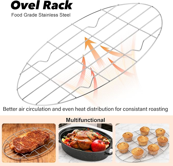 15” Roaster Pan with Lid and Rack, Small Enamel Roaster Pan with Oval Roasting - Image 5