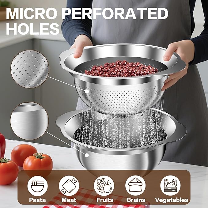 3.5QT Colander with Bowl, Rice Strainer, Stainless Steel Mixing Bowls with - Image 5