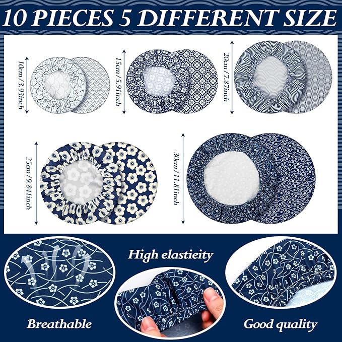 Patelai 10 Pcs Bowl Covers Reusable in 5 Size Stretch Cloth Fabric Elastic Food - Image 2